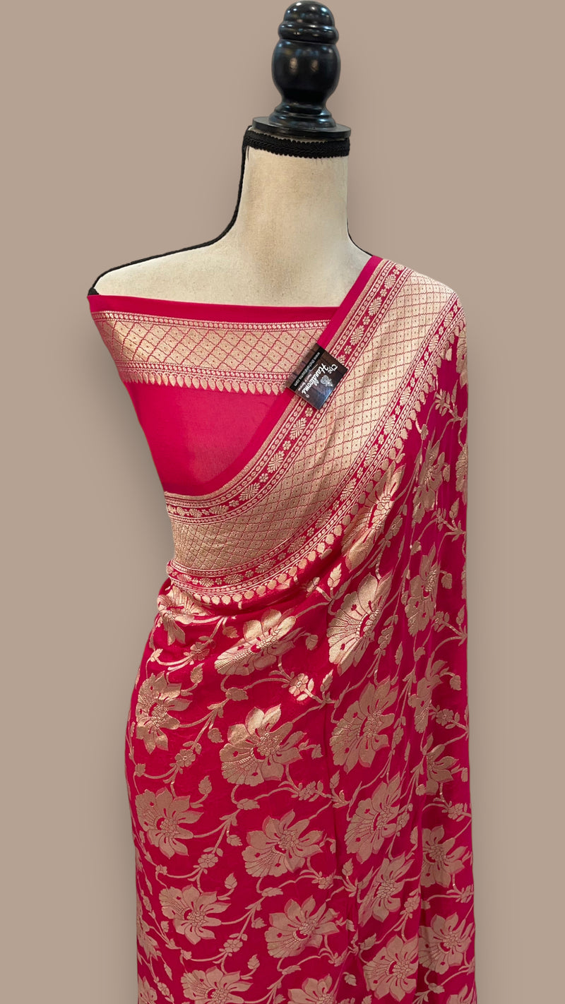 Hot Pink Pure Khaddi Georgette Handloom Banarasi Saree - The Handlooms