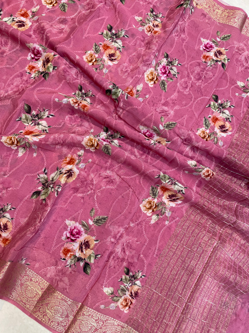 Pure Georgette  Digital Print with Chikankari Handloom Banarasi Saree - The Handlooms