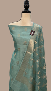 Mint Green Pure Chiniya Silk Handlooms Banarasi Dress material - The Handlooms