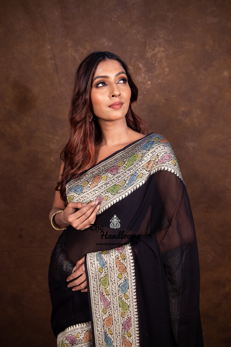 Black Khaddi Georgette Handloom Banarasi Saree - The Handlooms