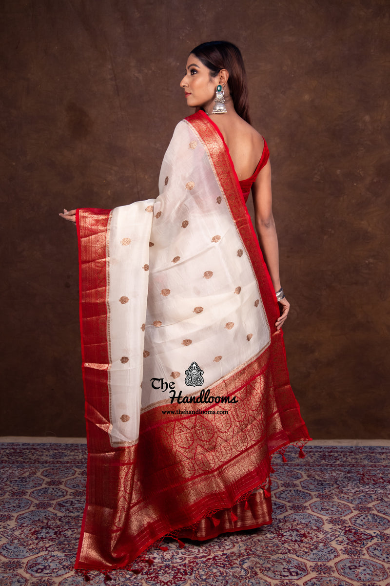 Off-white Pure Kora Handloom Banarasi Saree - The Handlooms