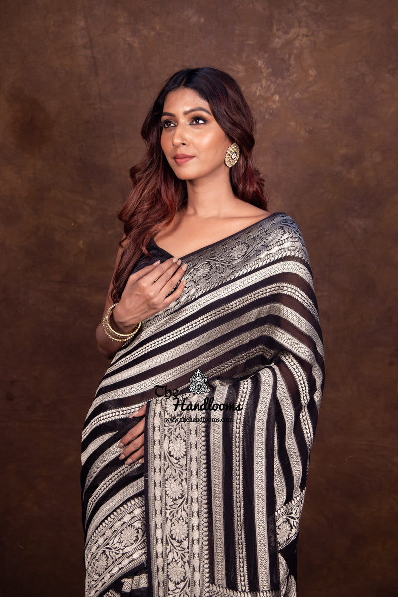 Black Khaddi Georgette Handloom Banarasi Saree - The Handlooms