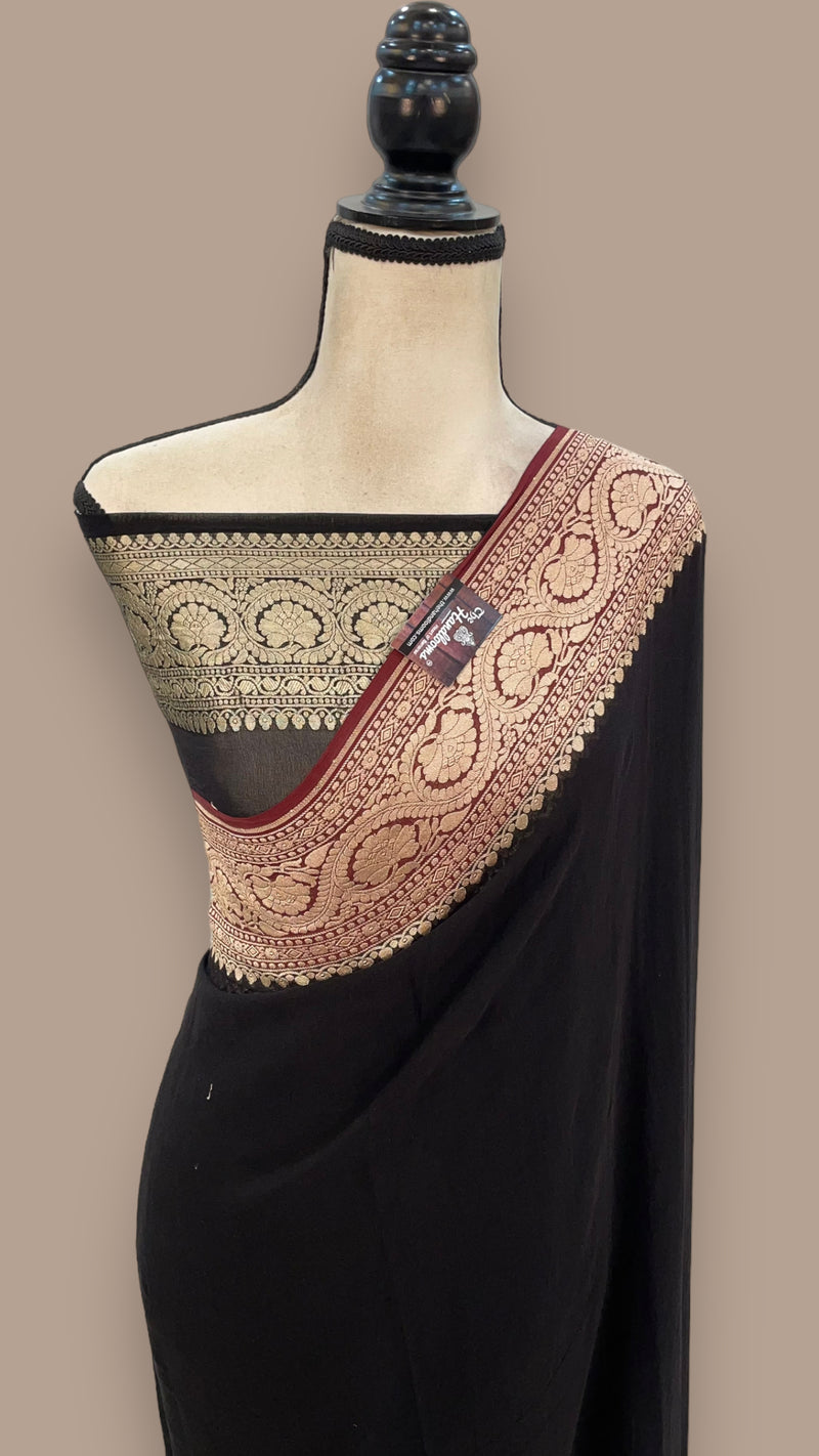 Black Pure Khaddi Georgette Handloom Banarasi Saree - The Handlooms