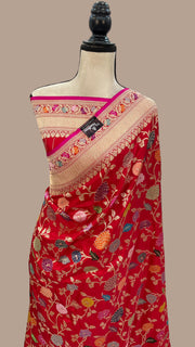 Red Ektara Pure Katan Silk Banarasi Handloom Saree - All over kadiyal Jaal work - The Handlooms