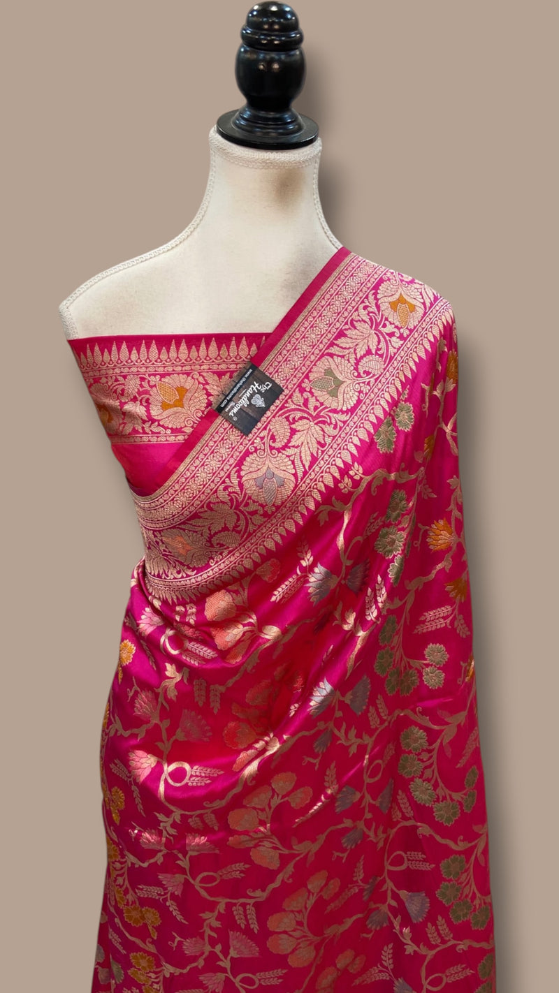 Pure Katan Silk Banarasi Handloom Saree - All Over Jaal Work With Meenakari