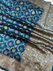 German Blue Pure Katan Silk Banarasi Handloom Saree - All over Jaal work - With Meenakari - The Handlooms