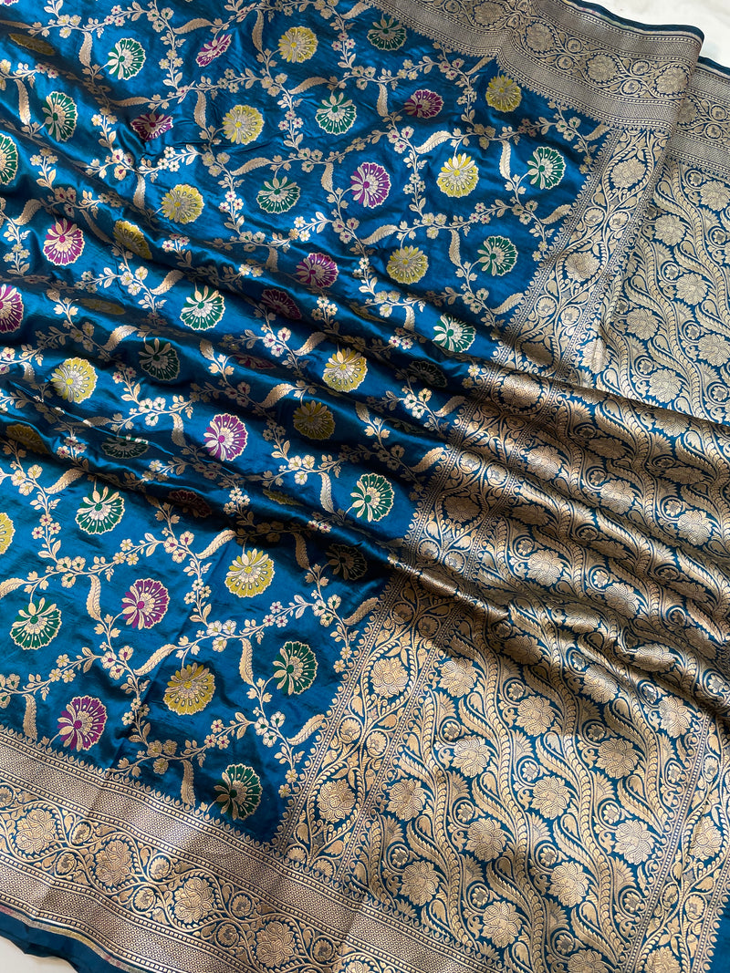 German Blue Pure Katan Silk Banarasi Handloom Saree - All over Jaal work - With Meenakari - The Handlooms