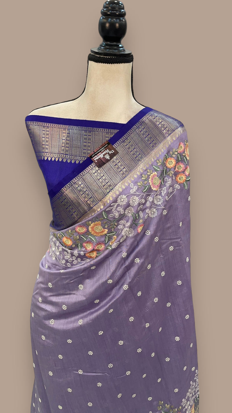 Pure Chiniya Silk Handloom Banarasi Saree with Chikankari - The Handlooms
