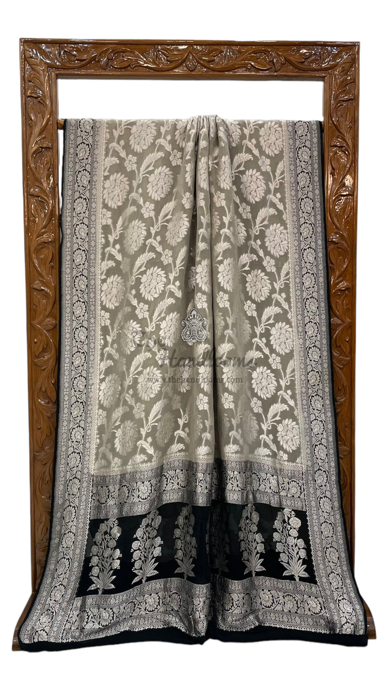 Grey Pure Khaddi Georgette Handloom Banarasi Saree - The Handlooms