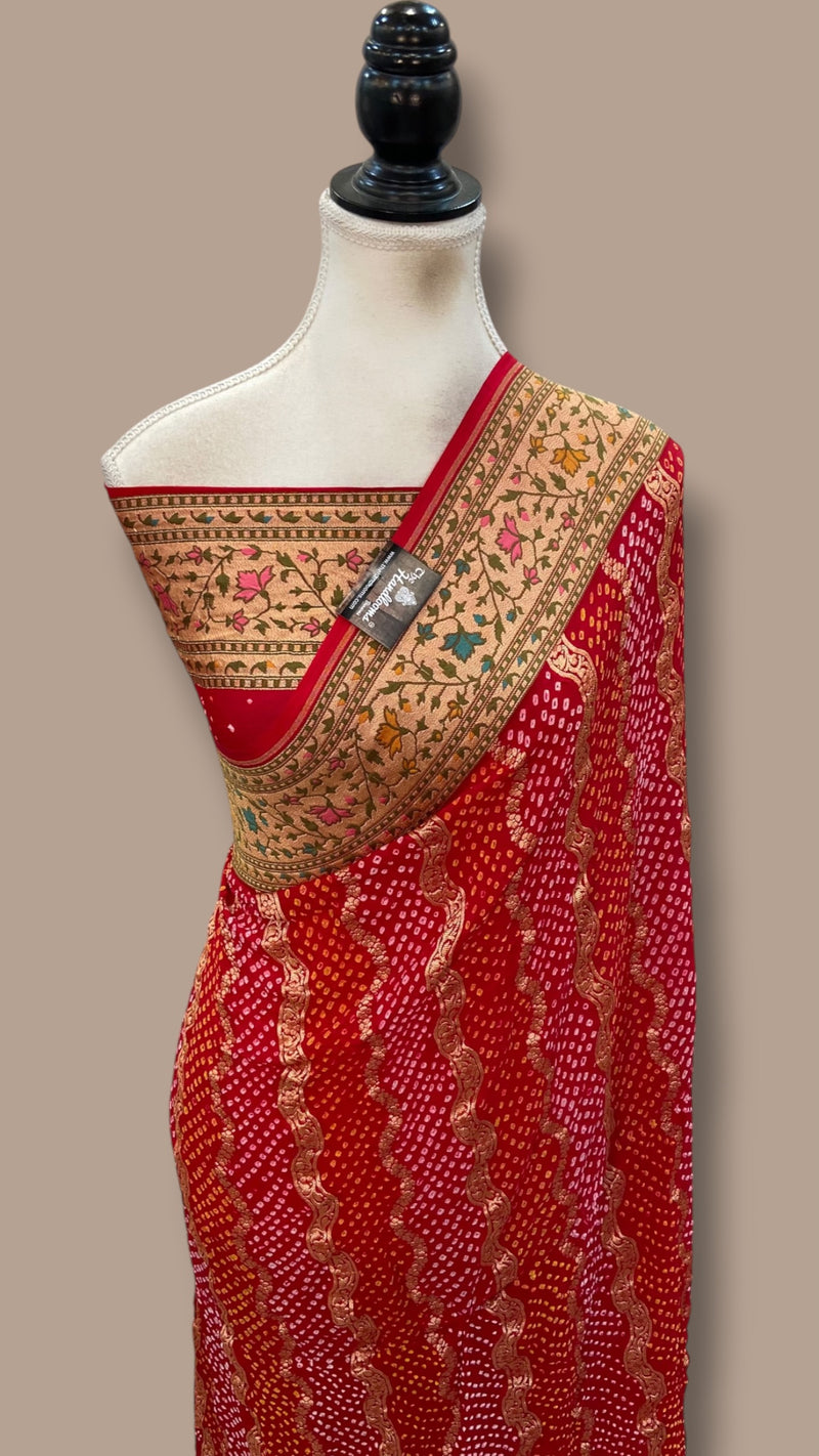 Pure Georgette Banarasi Bandhej Handloom Saree - Meenakari