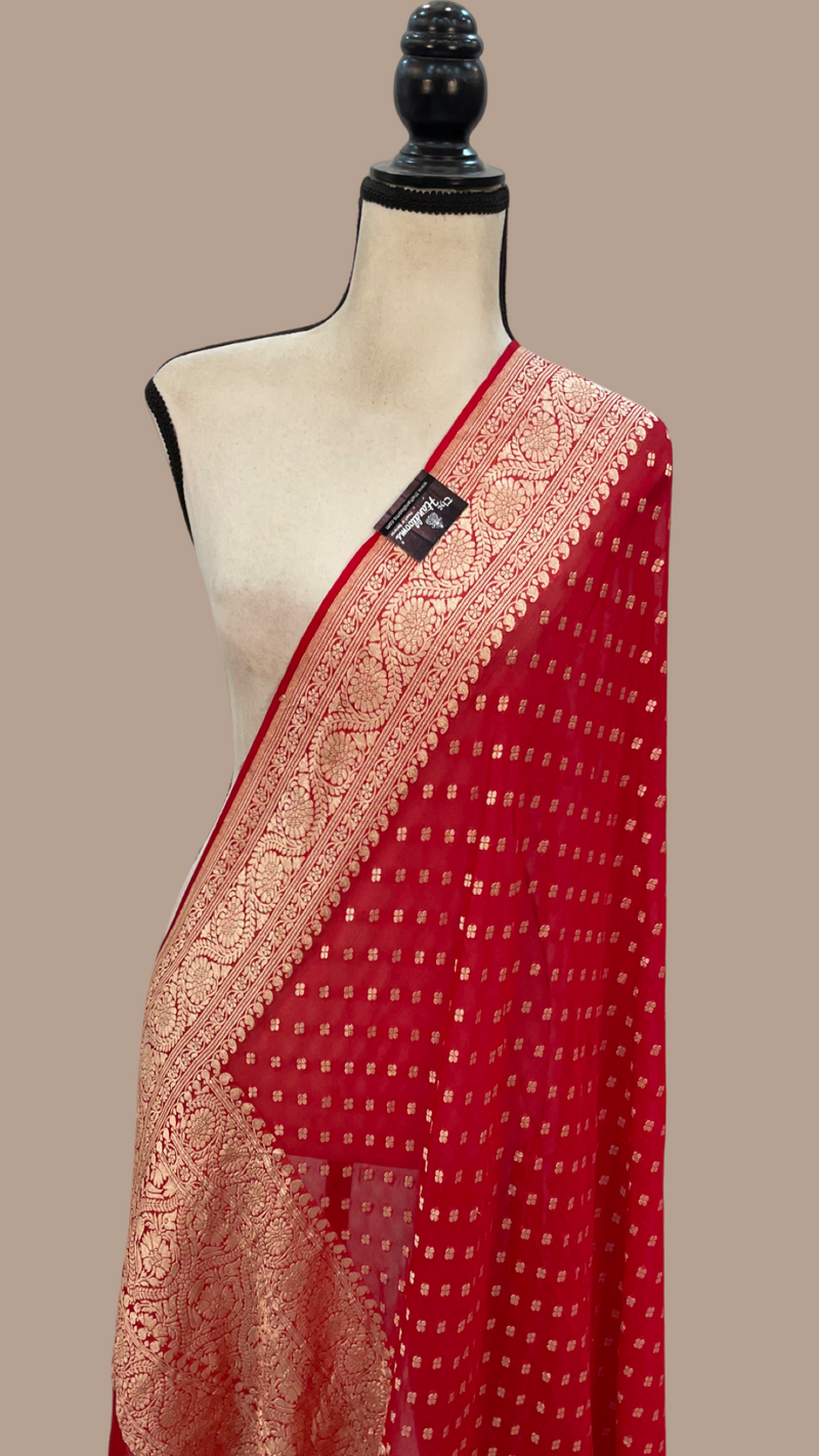 Red Khaddi Georgette Handloom Banarasi Dupatta - The Handlooms