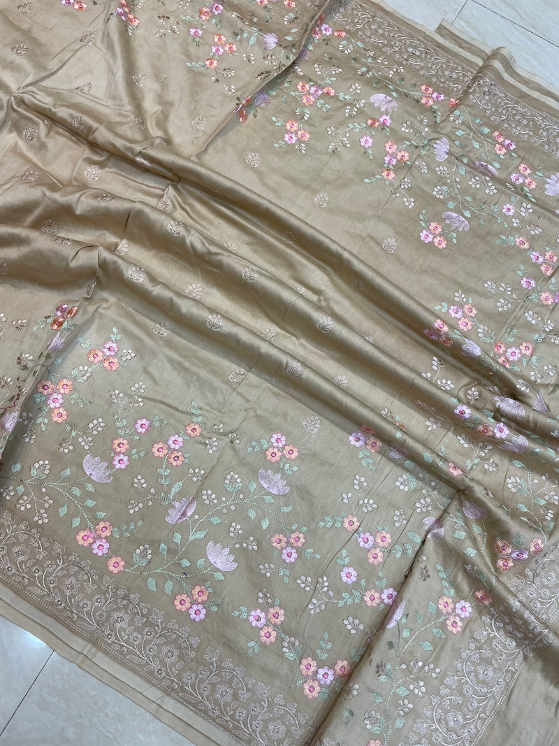 Pure Chiniya Silk Handloom Banarasi Saree With Chikankari - The Handlooms