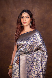 Navy Blue Pure Katan Silk Banarasi Handloom Saree - Tanchui Brocade - The Handlooms