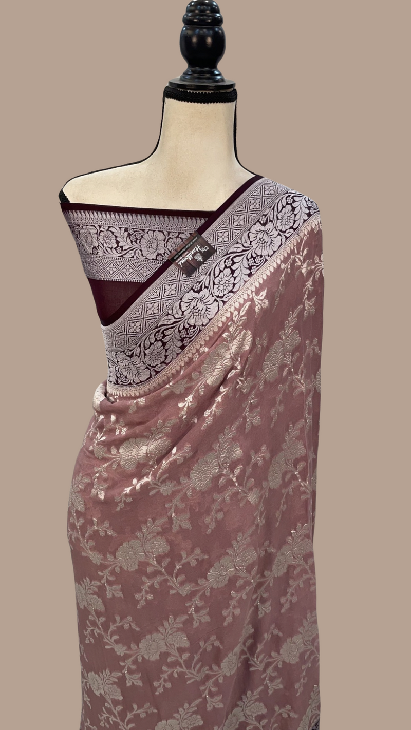 Onion Pink with Brown Khaddi Georgette Banarasi Saree - The Handlooms