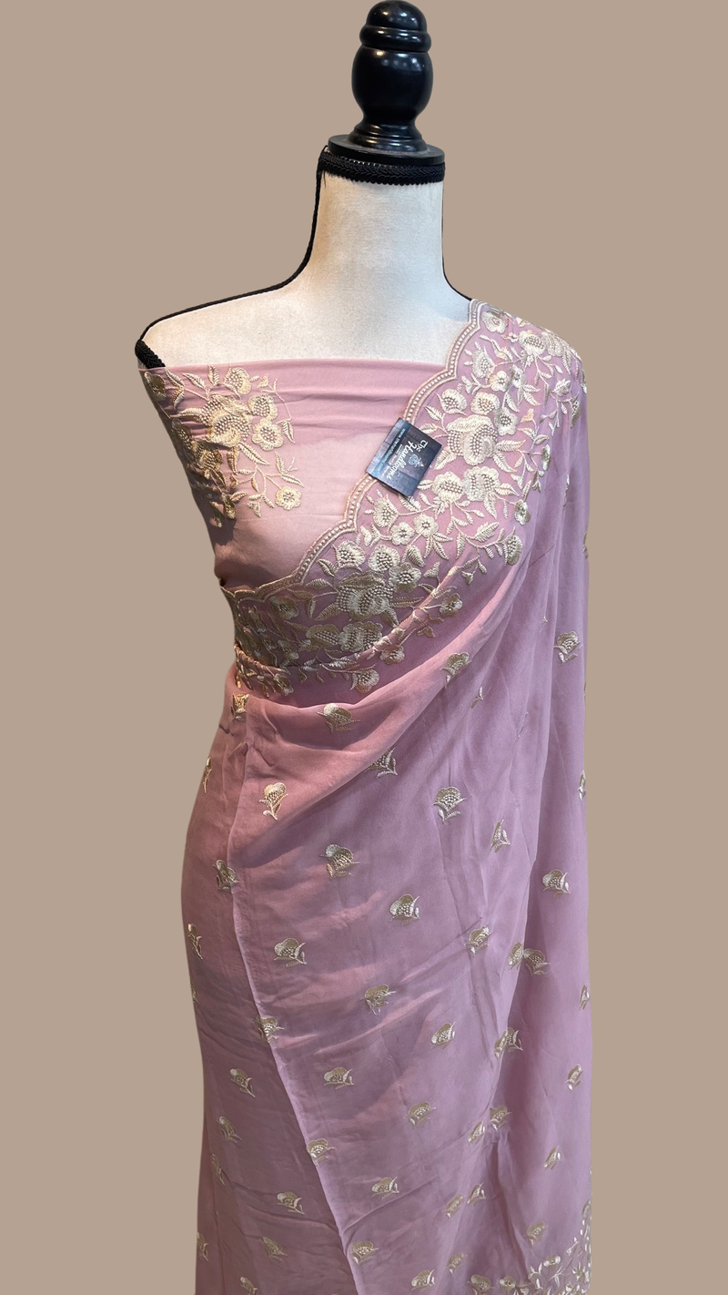 Pure Georgette Chikankari Handloom Banarasi Saree - The Handlooms