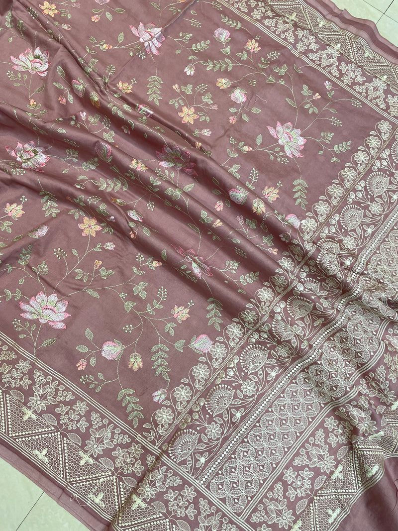 Pure Chiniya Silk Handloom Banarasi Saree With Chikankari - The Handlooms