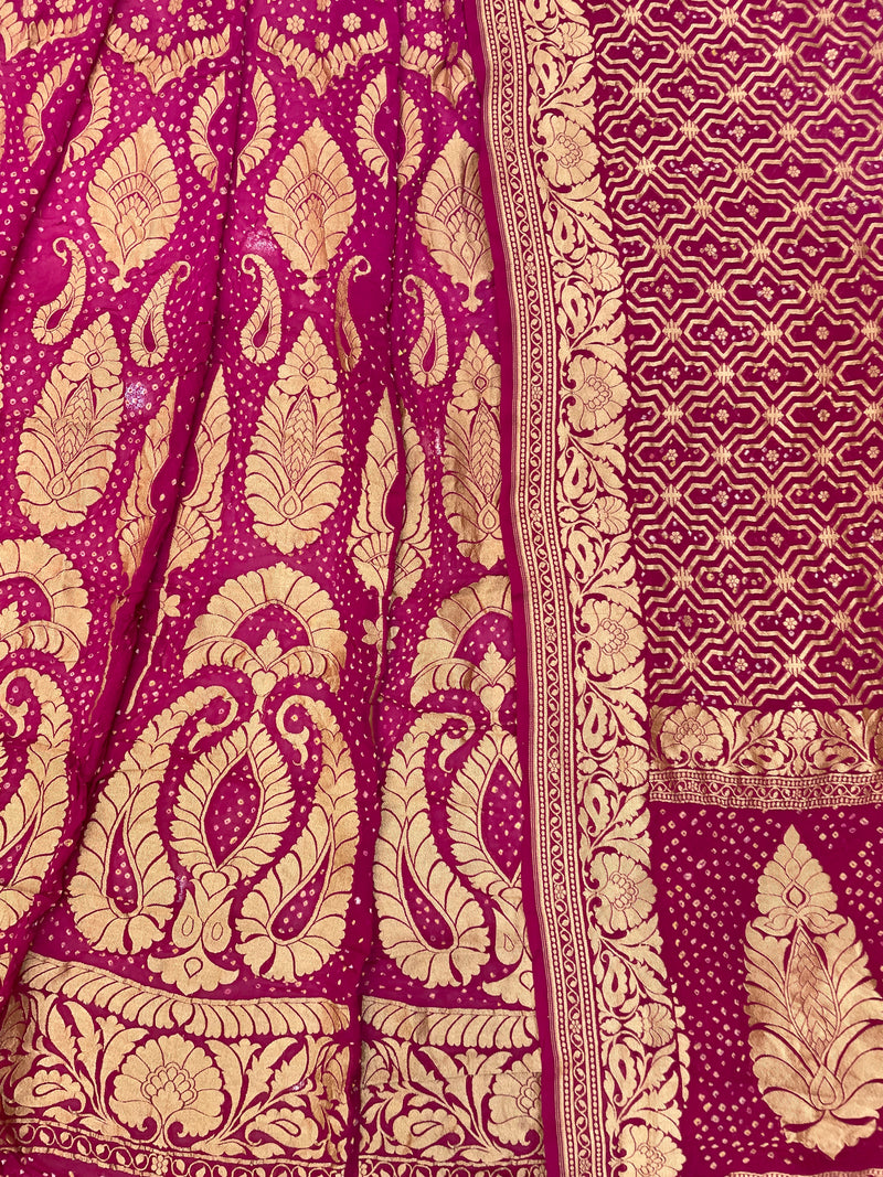 Pure Khaddi Georgette Bandhani Handloom Banarasi Lehenga - The Handlooms