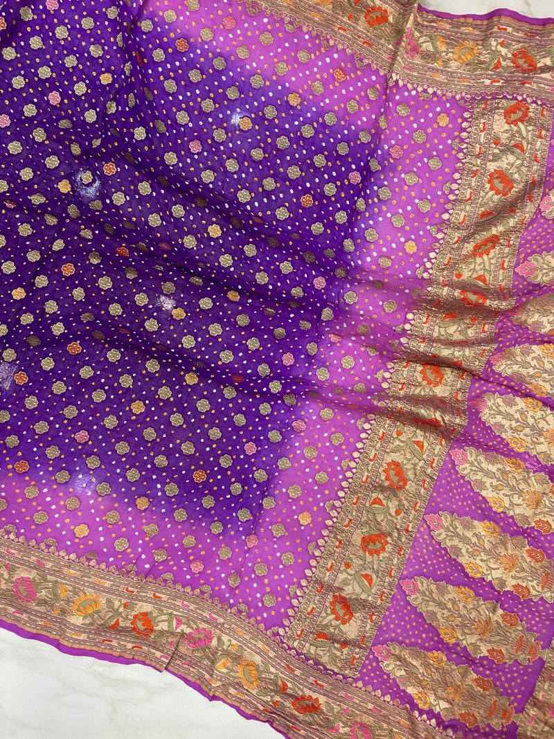 Pure Georgette Banarasi Bandhej Handloom Saree - Meenakari