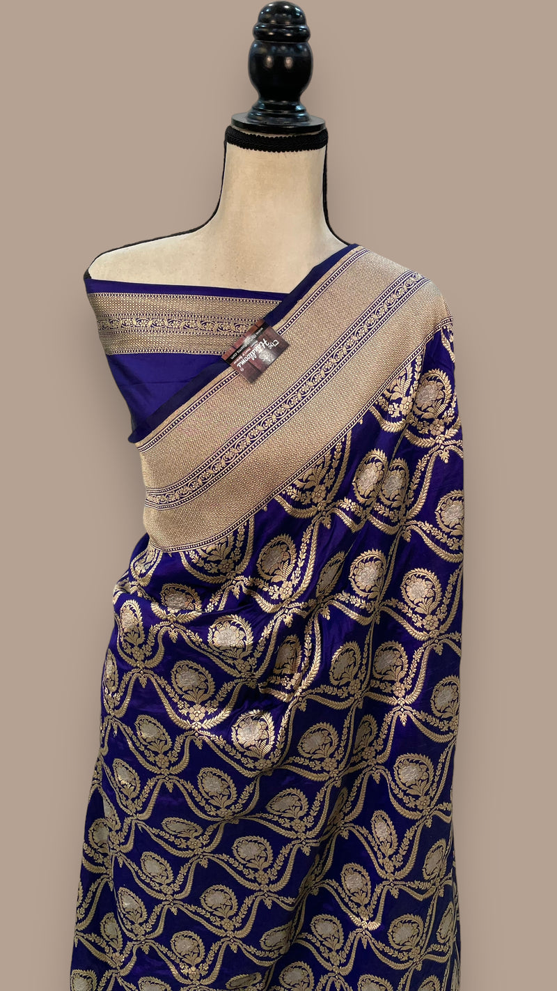Pure Katan Silk Banarasi Handloom Saree - All over Sona Roopa Jaal work - The Handlooms