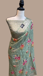 Pure Georgette  Digital Print with Chikankari Handloom Banarasi Saree - The Handlooms