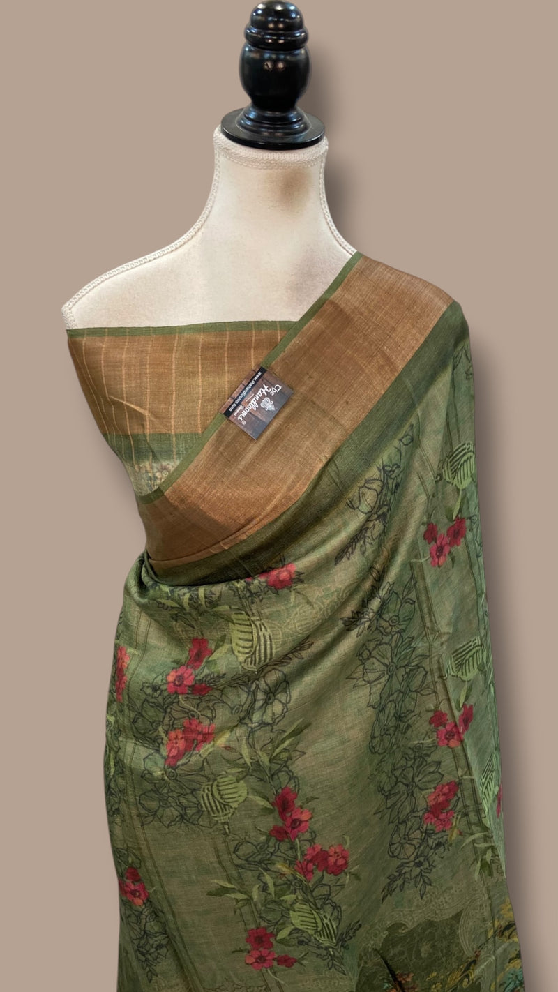 Pure Tussar Silk Handloom Banarasi Saree With Digital Print