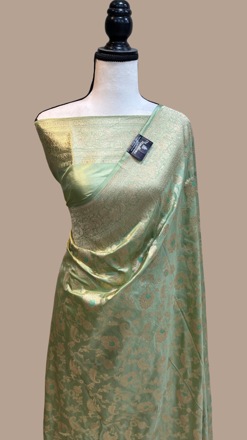 Pista Pure Katan Silk Banarasi Handloom Saree - All over Jaal work with Meenakari - The Handlooms