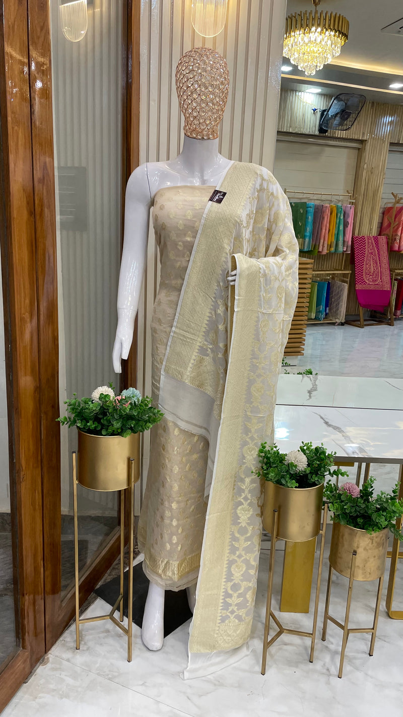 Tissue Handloom Banarasi Dress material with Khaddi Georgette Dupatta - The Handlooms