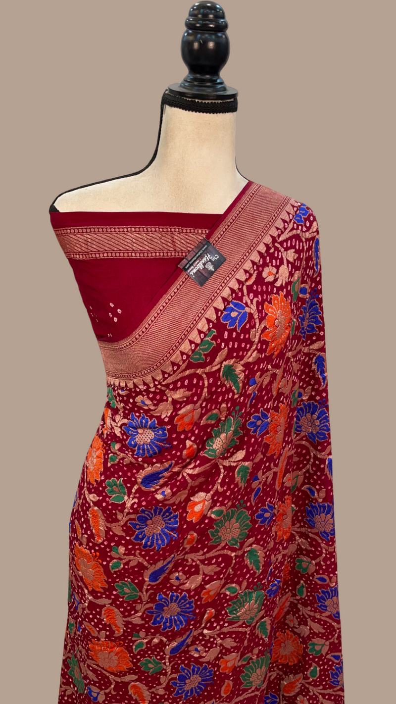 Pure Georgette Banarasi Bandhej Handloom Saree - with meenakari work - The Handlooms