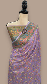 Lavender Pure Tussar Silk Handloom Banarasi Saree With Chikankari - The Handlooms