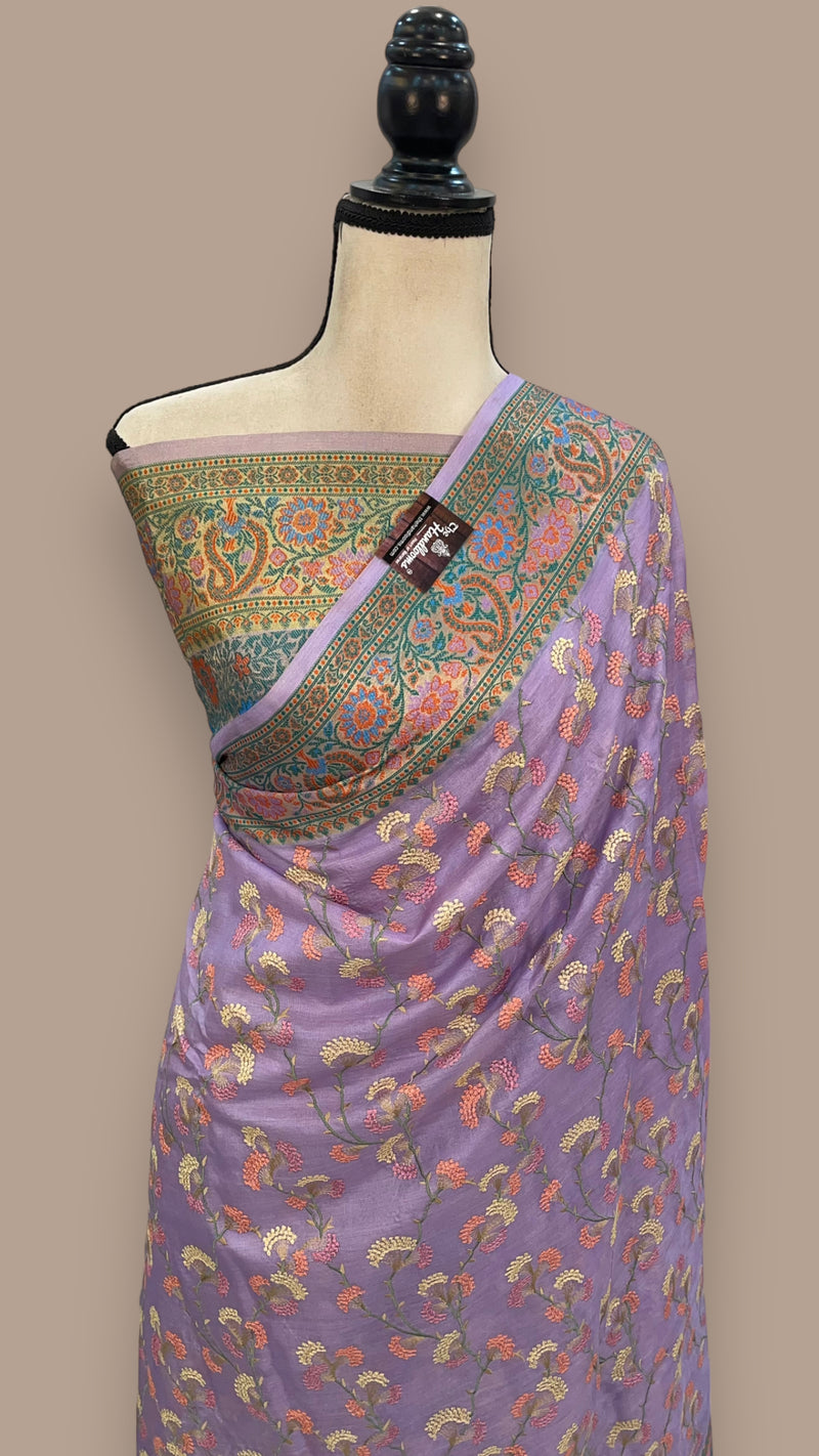 Lavender Pure Tussar Silk Handloom Banarasi Saree With Chikankari - The Handlooms