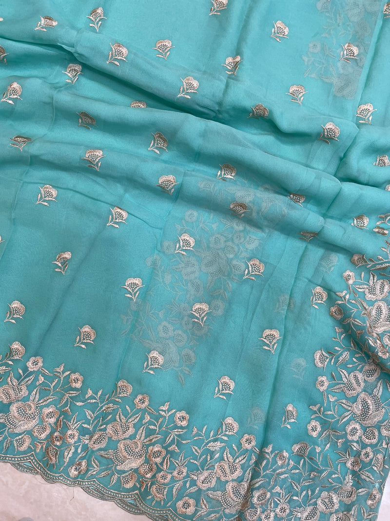 Pure Georgette Chikankari Handloom Banarasi Saree - The Handlooms