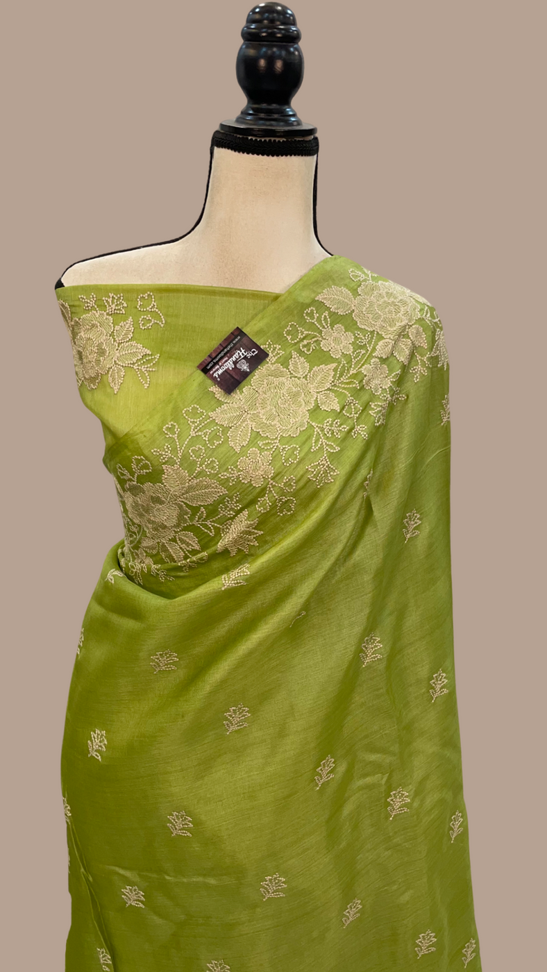 Tussar Silk Handloom Banarasi Saree With Chikankari