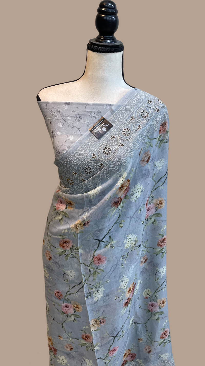 Pure Georgette  Digital Print with Chikankari Handloom Banarasi Saree - The Handlooms