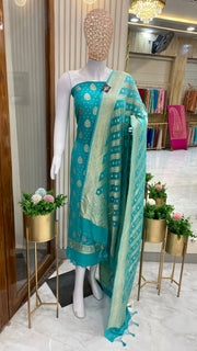 Turquoise Pure Khaddi Georgette Handlooms Banarasi Dress material - The Handlooms