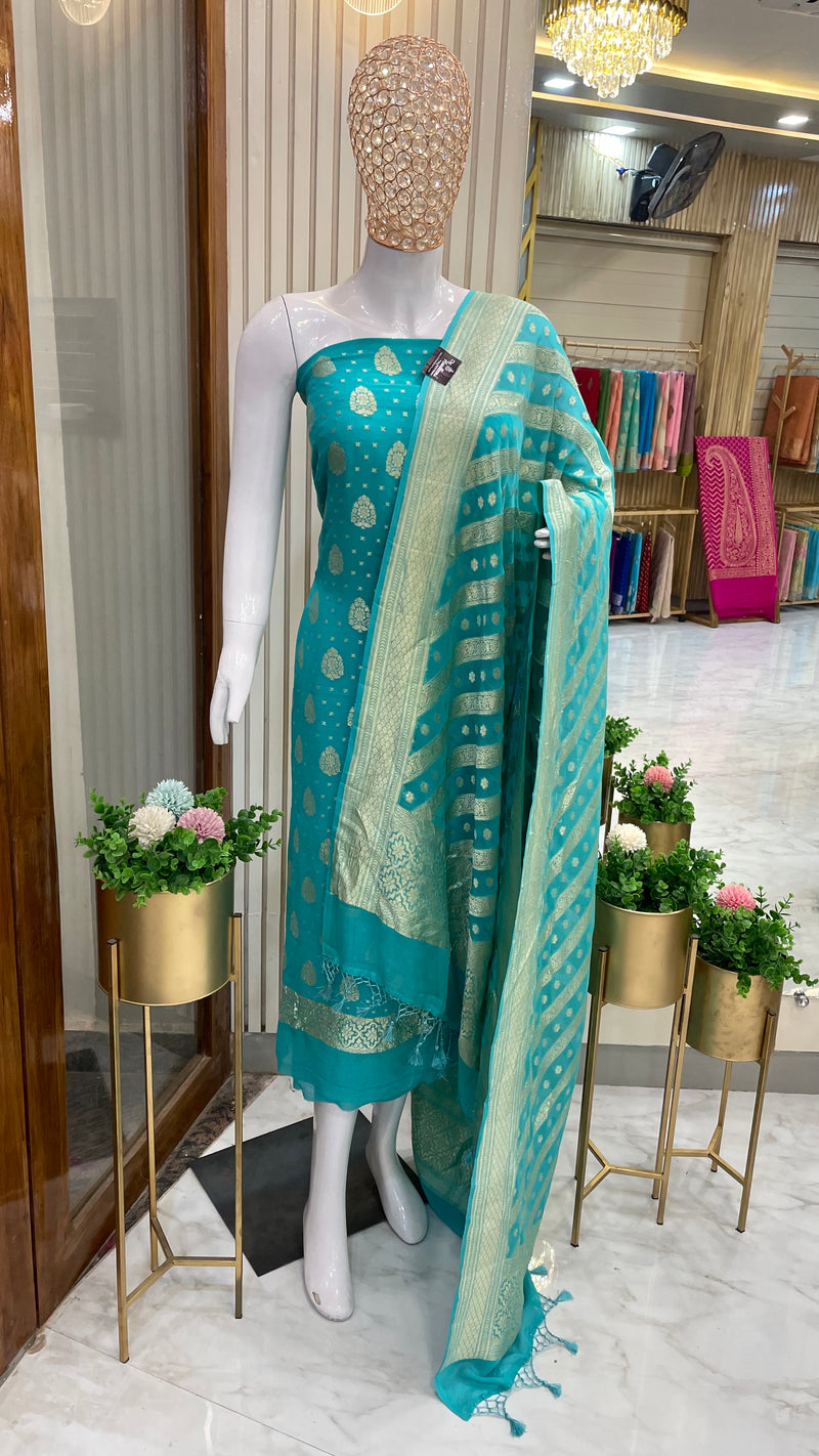 Turquoise Pure Khaddi Georgette Handlooms Banarasi Dress material - The Handlooms