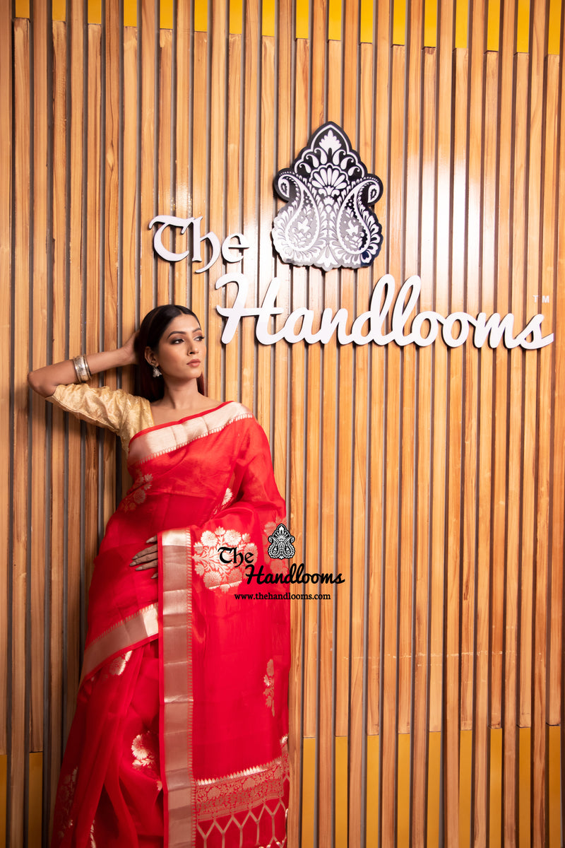 Red Pure Kora Handloom Banarasi Saree - The Handlooms