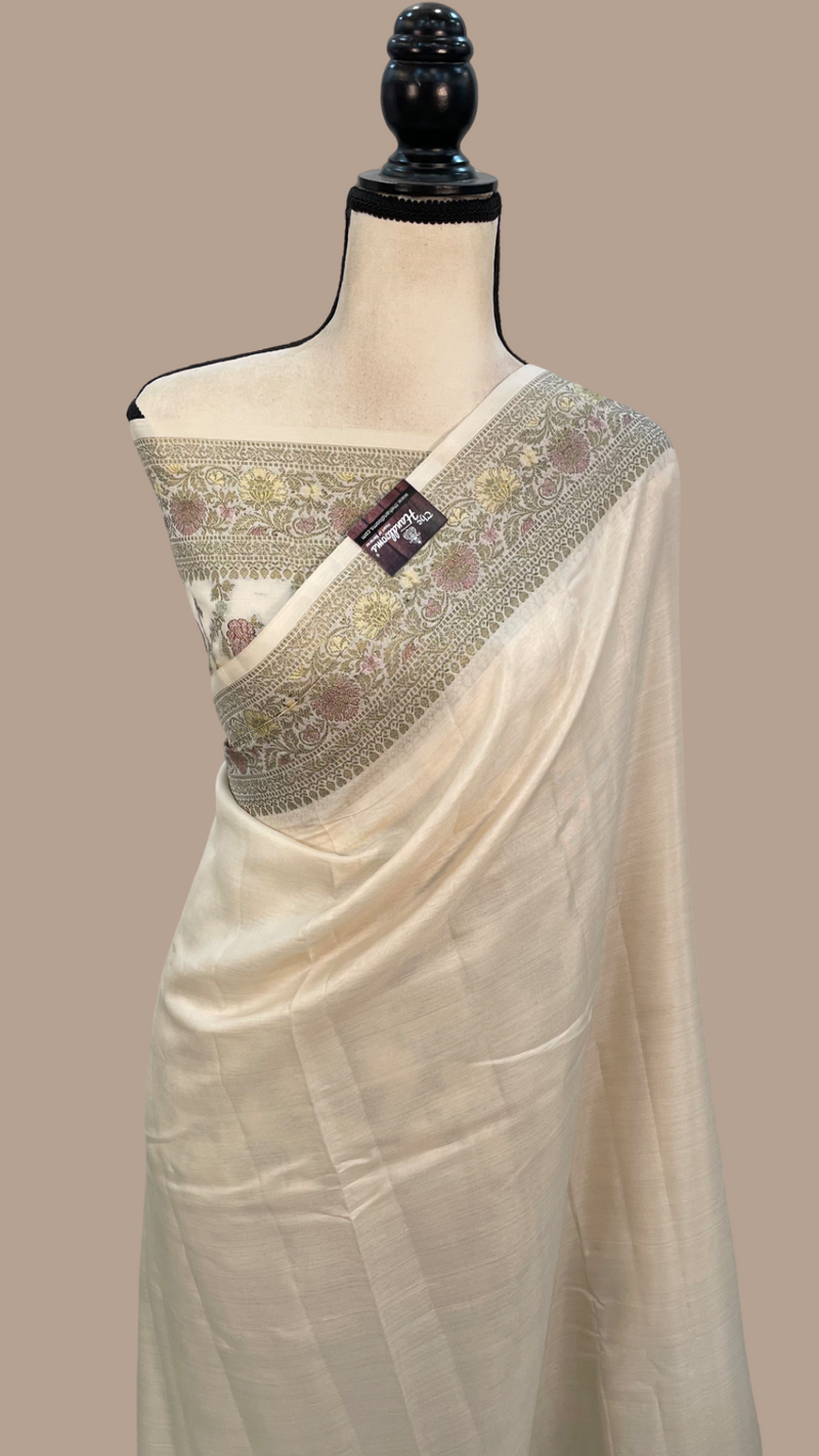 Off-white Pure Butter Crepe Banarasi Saree - The Handlooms
