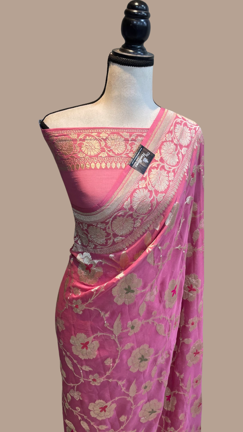 Khaddi Georgette Handloom Banarasi Saree - All over Jaal Work with meenakari - The Handlooms