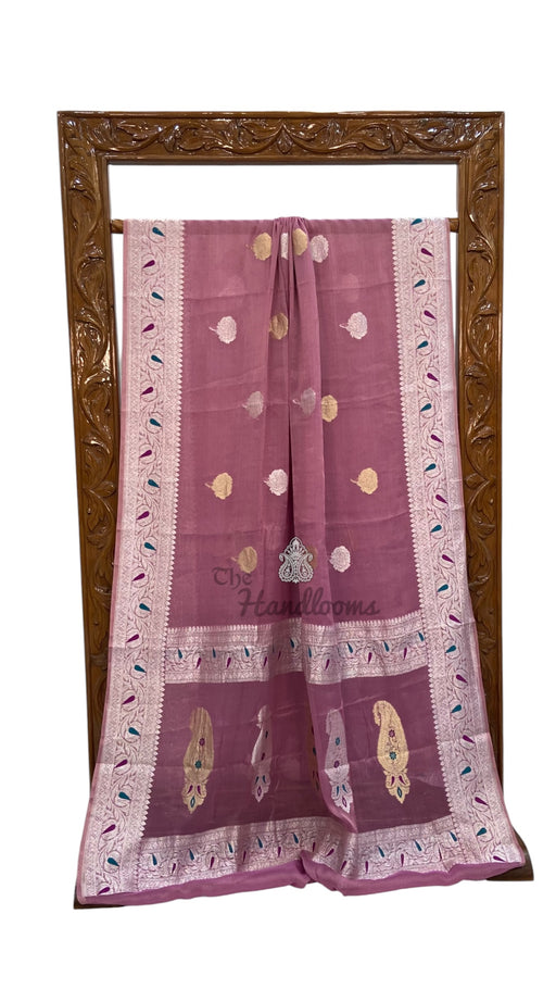 Handloom Banarasi Khaddi Georgette Saree | All-Over Sona Roopa Kadua Motifs & Meenakari - The Handlooms