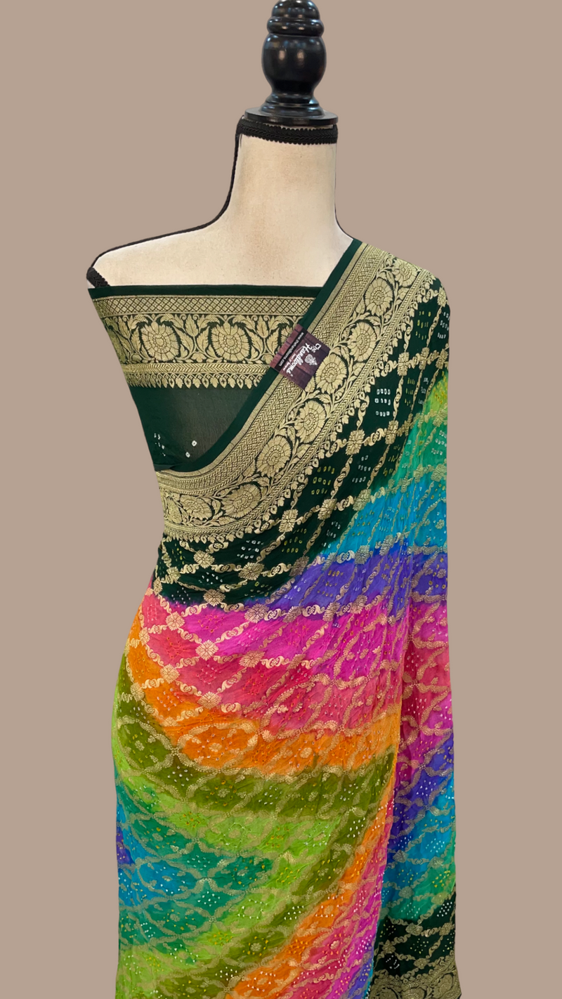 Pure Georgette Banarasi Bandhej Handloom Saree Multi shade - The Handlooms