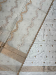 White Pure Katan Silk Handlooms Banarasi Dress material With Organza Dupatta - The Handlooms