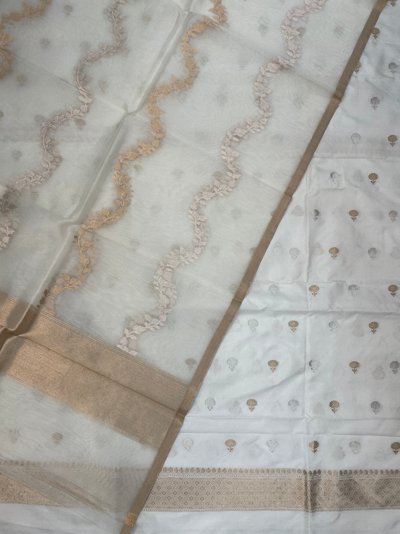 White Pure Katan Silk Handlooms Banarasi Dress material With Organza Dupatta - The Handlooms