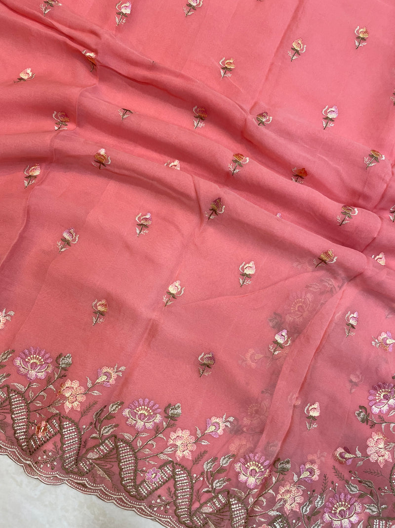 Pure Georgette Chikankari Handloom Banarasi Saree - The Handlooms