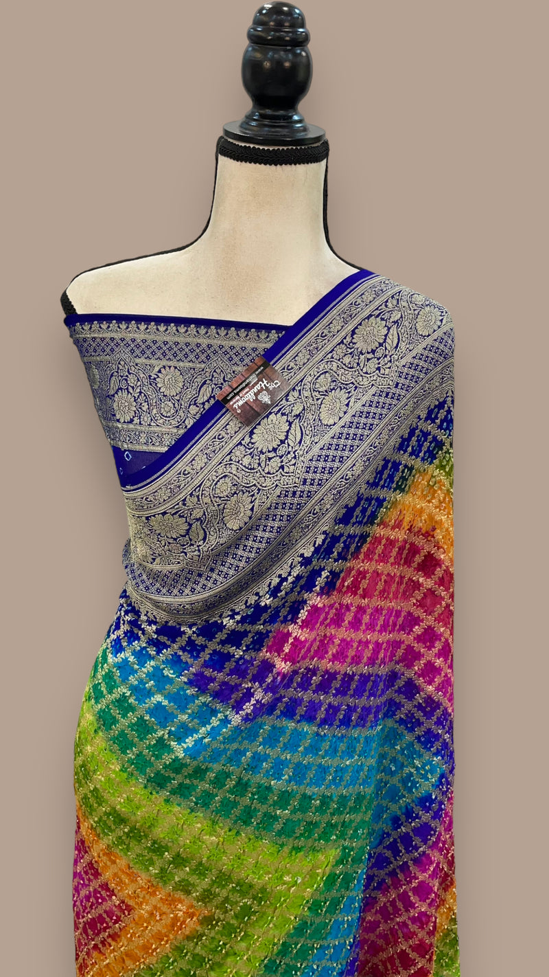 Pure Georgette Banarasi Bandhej Handloom Saree Multi shade - The Handlooms
