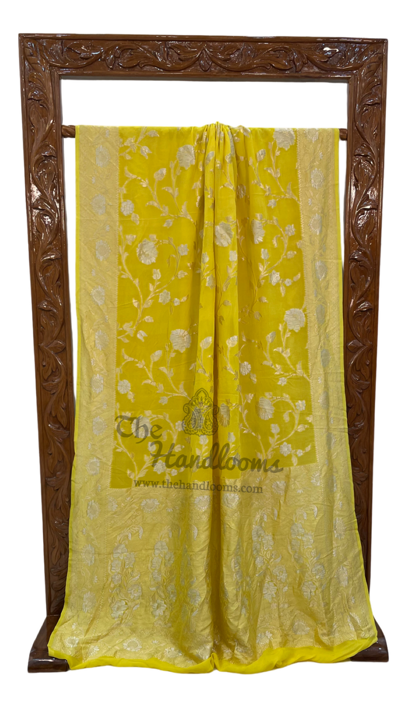 Khaddi Georgette Handloom Banarasi Saree - All over Sona Roopa Jaal Work - The Handlooms