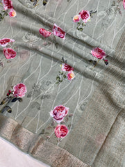 Pure Georgette Chikankari with Digital Print Handloom Banarasi Saree - The Handlooms
