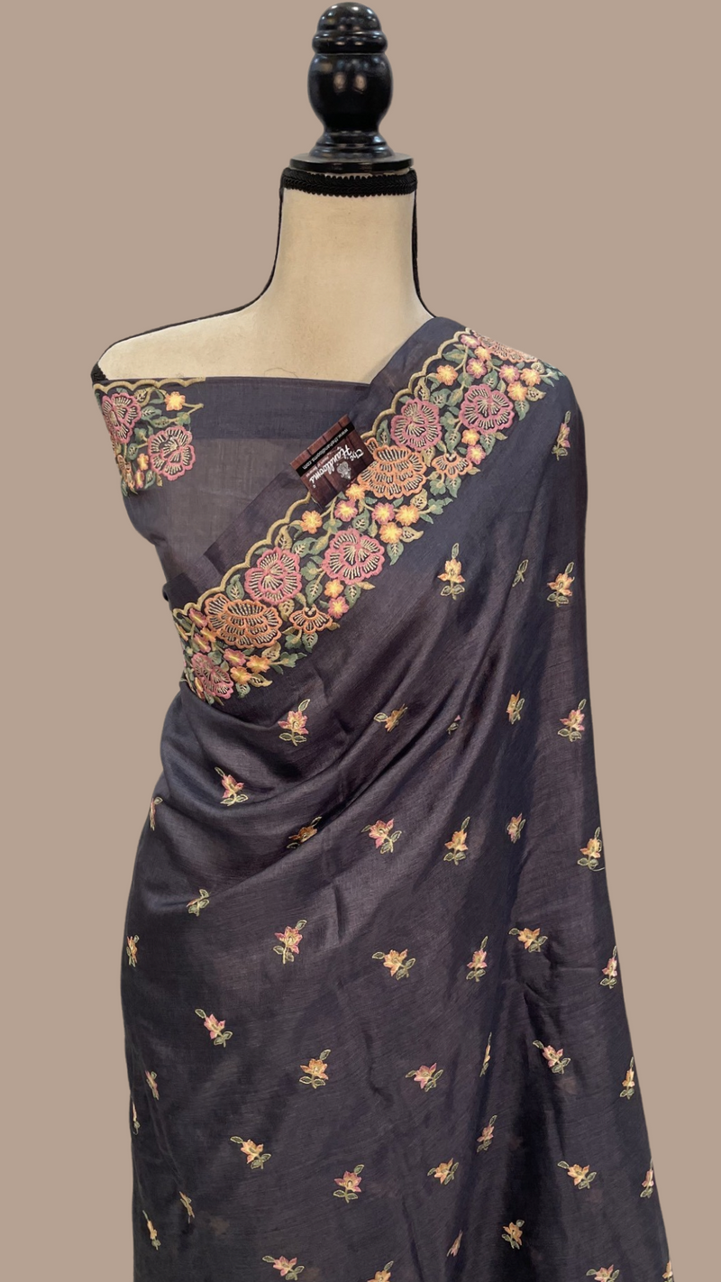 Tussar Silk Handloom Banarasi Saree With Chikankari - The Handlooms