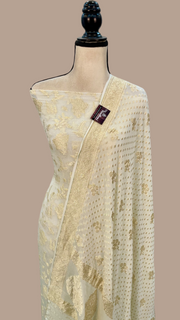 White Pure Khaddi Georgette Handlooms Banarasi Dress material - The Handlooms