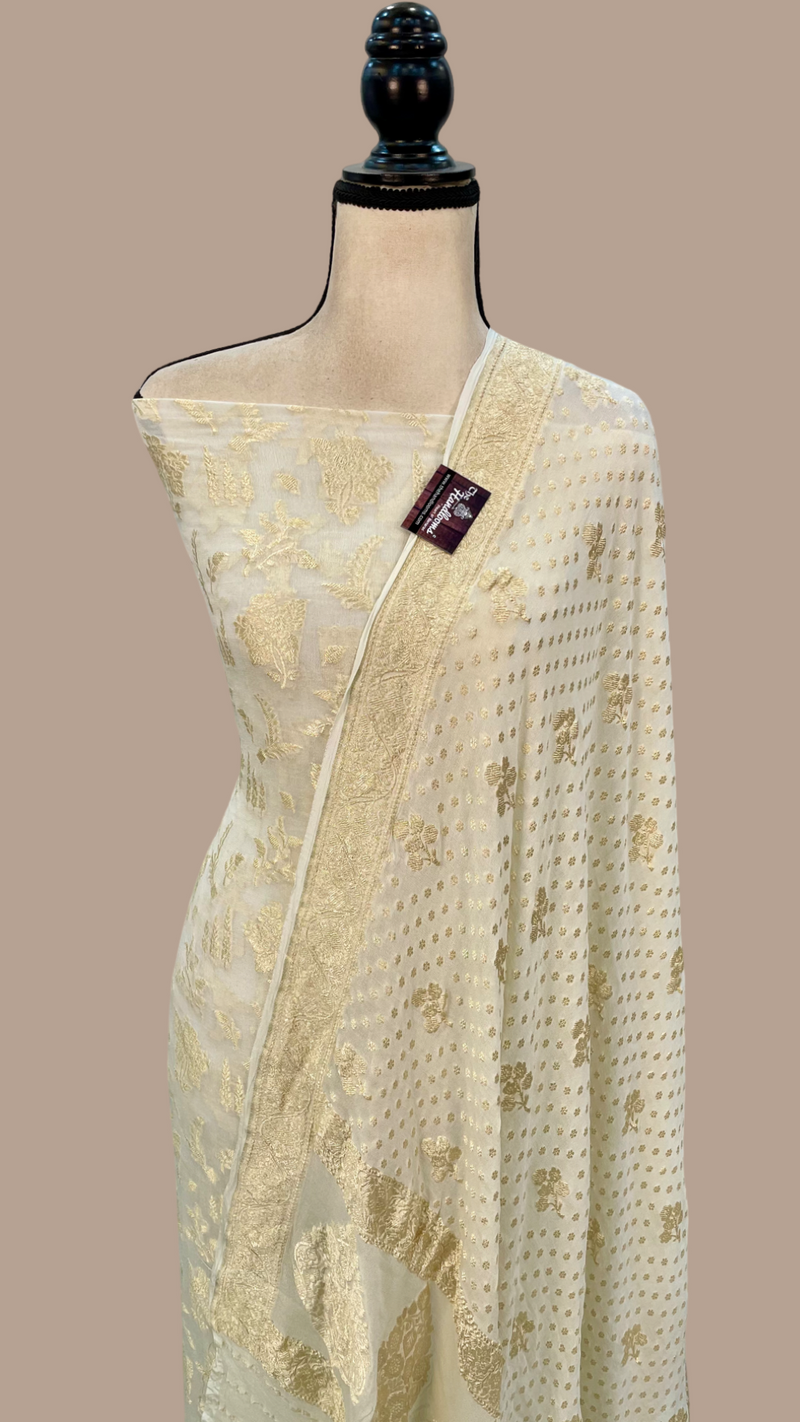 White Pure Khaddi Georgette Handlooms Banarasi Dress material - The Handlooms