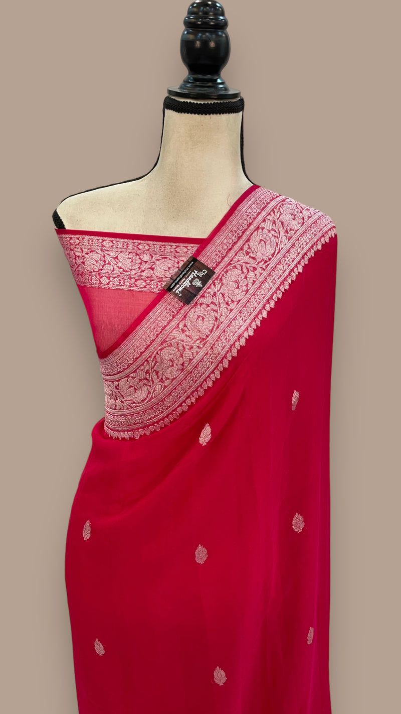 Hot Pink Pure Georgette Handloom Banarasi Saree - The Handlooms